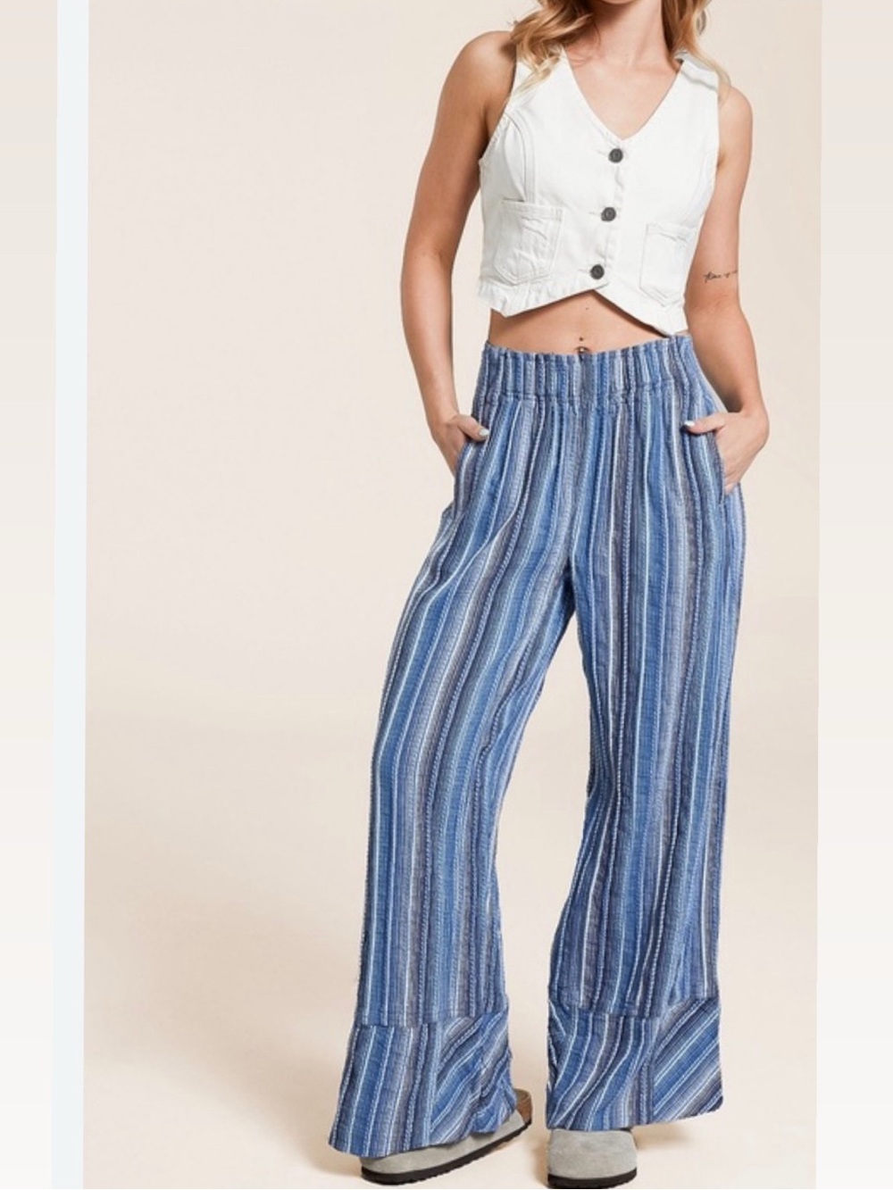 Free People Days end Linen Women’s Blue Striped Wide-Leg Pants size L